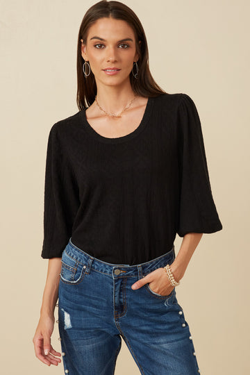 HY7526 Sage Womens Cable Knit Textured Balloon Sleeve Knit Top Front